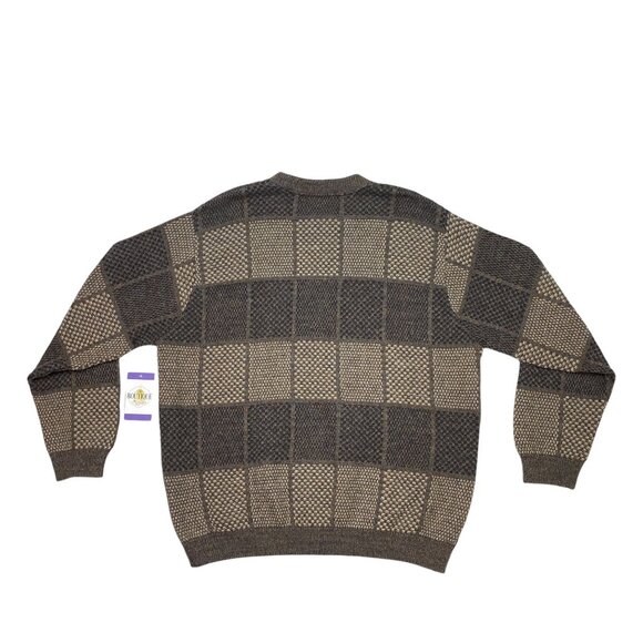 David Taylor Mens XXL Brown Pullover Sweater Knitted Checkerboard Crew Neck 90s - Picture 2 of 16